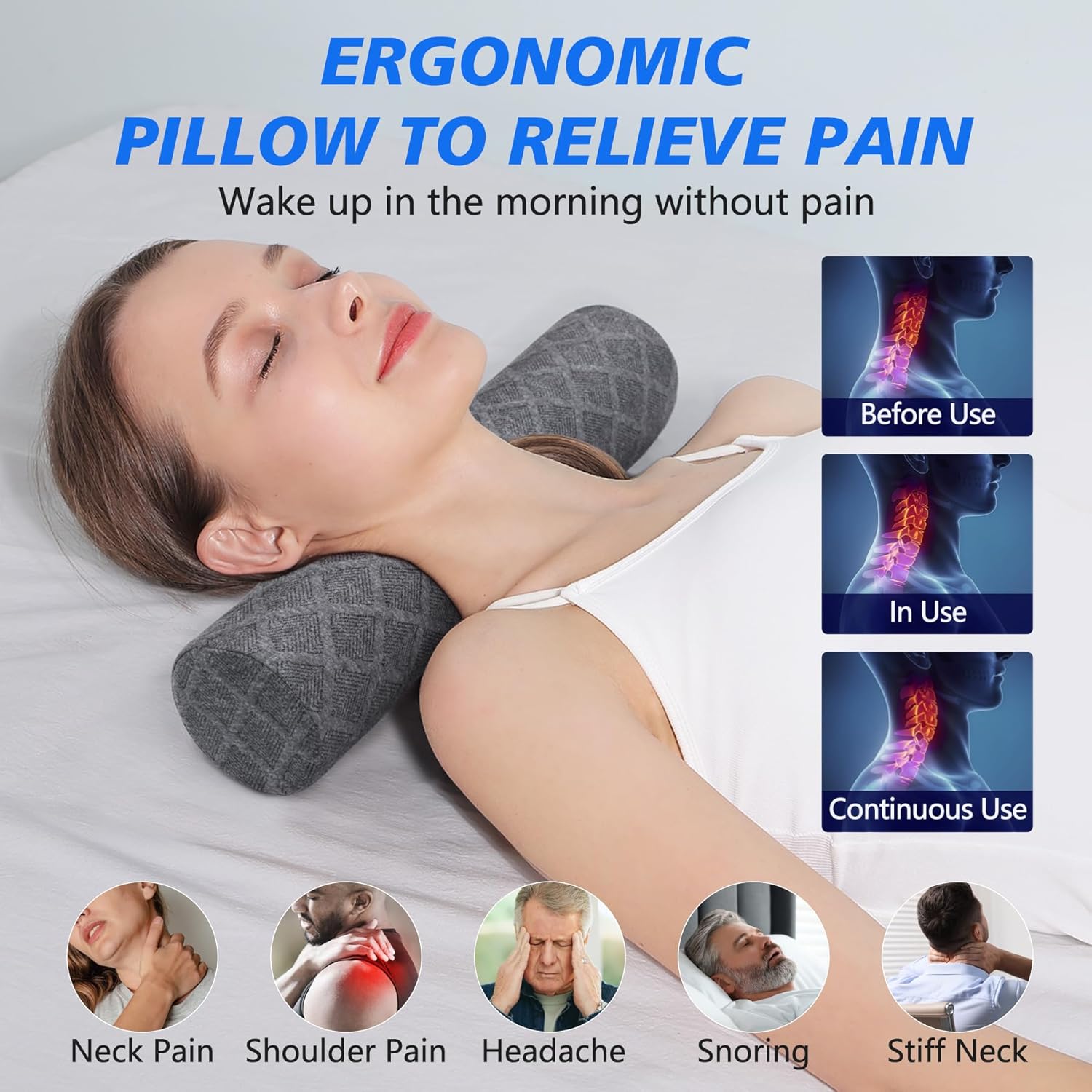 3.1" H Small Cervical Roll Pillow, Medium Soft Memory Foam Neck Round Pillow Cylinder Bolster Pillow for Sleeping, Round Neck Support for Bed, Legs, Back and Yoga (Grey, Small - 3.1" H)