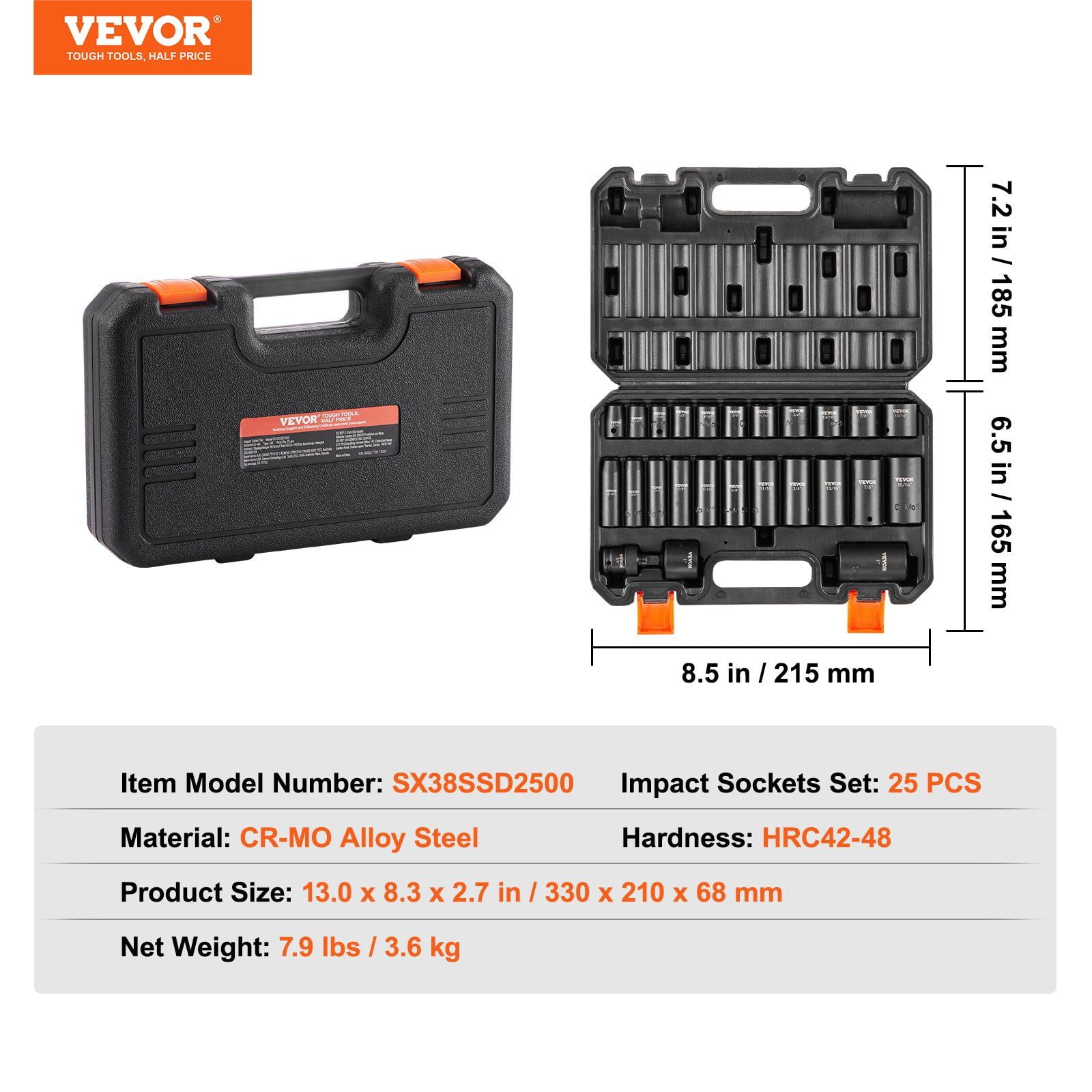 25-Piece 3/8" Drive 6-Point Impact Socket Set - Cr-V Steel Ratchet Tool Kit w/ Case for Automotive & DIY