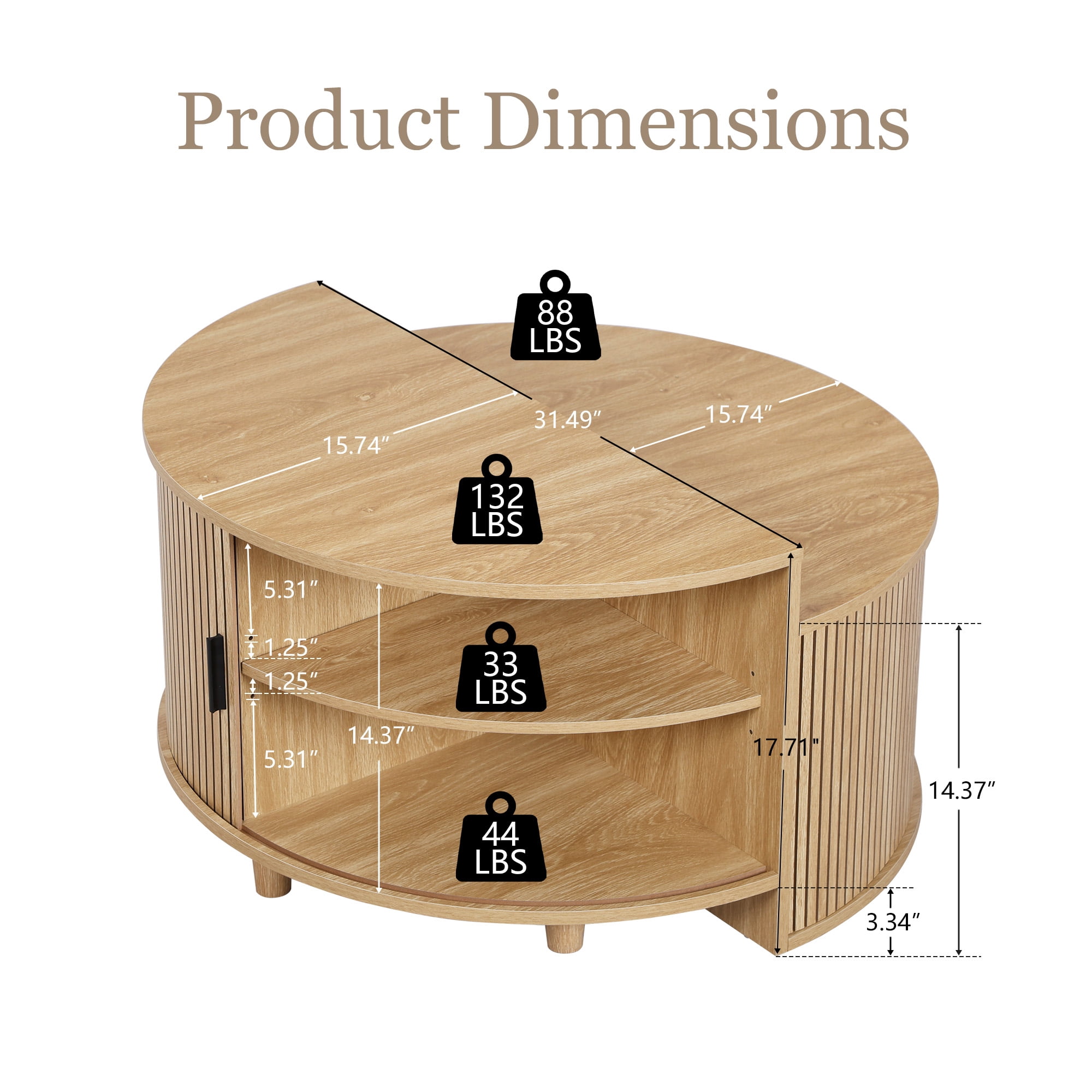Wirrytor Fluted Round Coffee Table with Flip Top and Hidden Storage Compartments, Mid Century Modern Center Table with Sliding Door for Living Room, Oak Finish