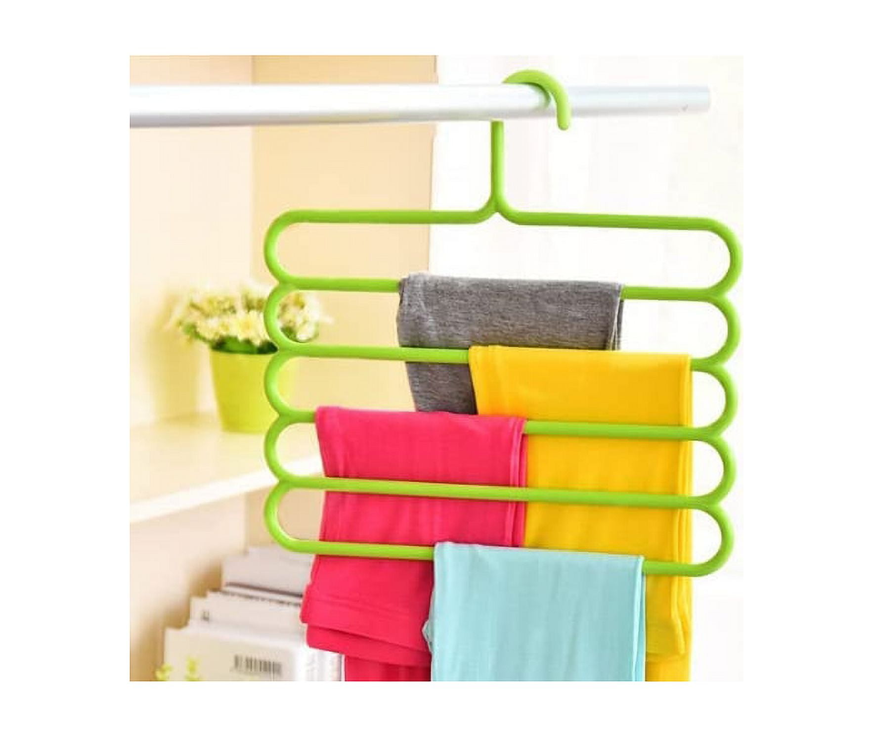 Slip Free 5 Layers Closet Pants Organizer, Multifunctional Space Saving Cloth Hanger,Plastic Non-Slip Space Saving Clothes Slack Hangers for Clothes Trousers Scarfs Ties (4 Pack, Random Color)