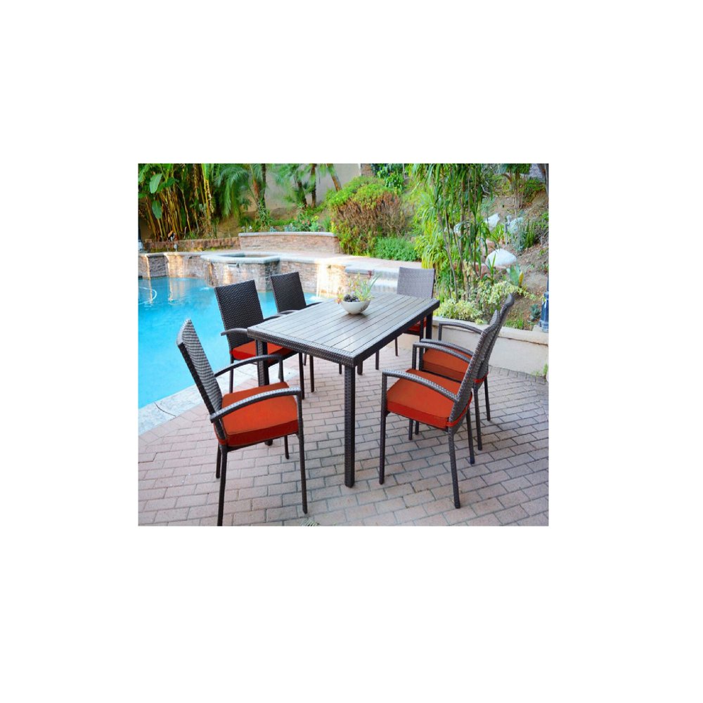 Set of 7 Espresso Brown Resin Wicker Outdoor Dining Table and Chairs