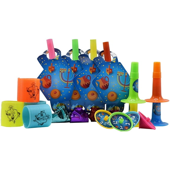 Izzy N Dizzy Hanukkah Party Mega Set - 16 Pack - Includes 4 Party Blowouts, 4 Slinkys, 4 Trumpets, 4 Dreidels - Chanukah Party Decorations and Supplies - Izzy 'n' Dizzy