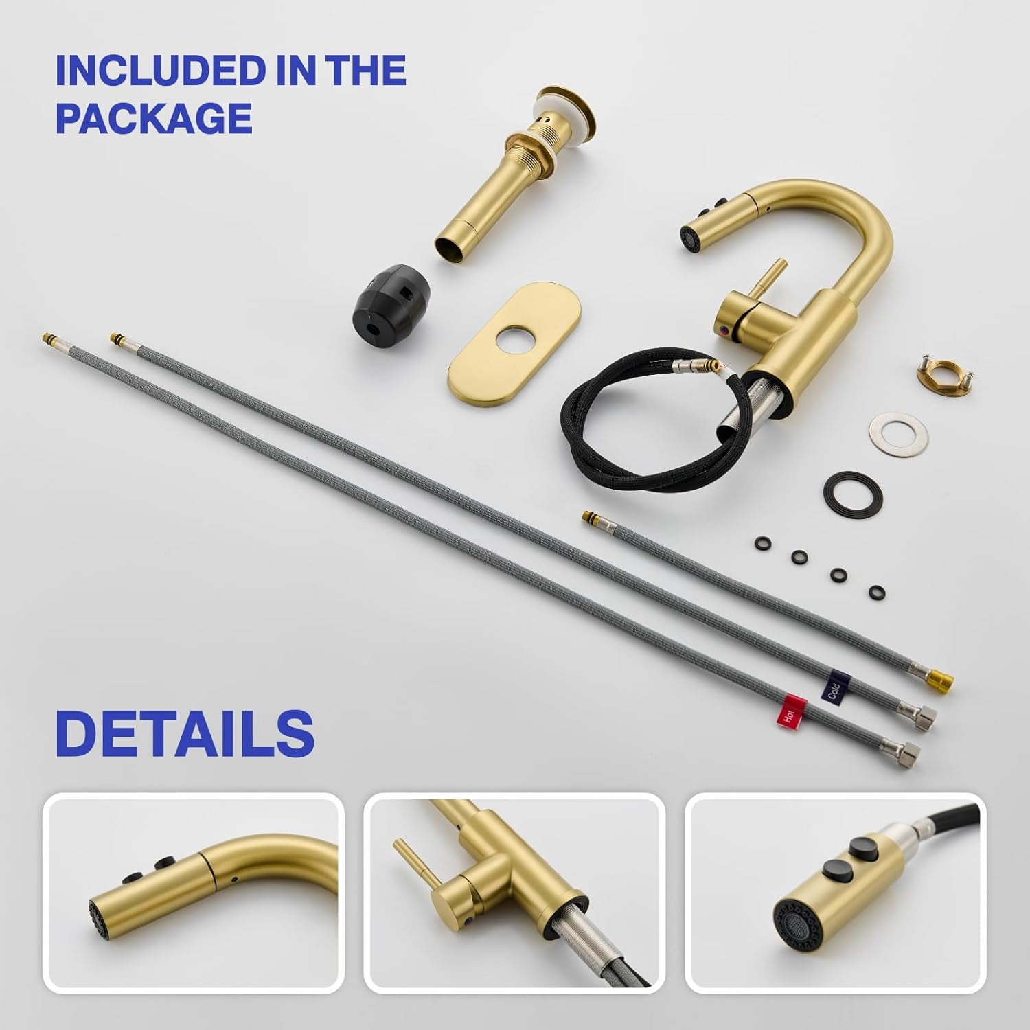 Bathroom Sink Faucet with Pull Down Sprayer, Brushed Gold Single Handle Pull Out Faucet with Pop-Up Drain, 1 or 3 Hole Laundry Bar Basin Faucet with Deck Plate, KBL-7002BG-CL