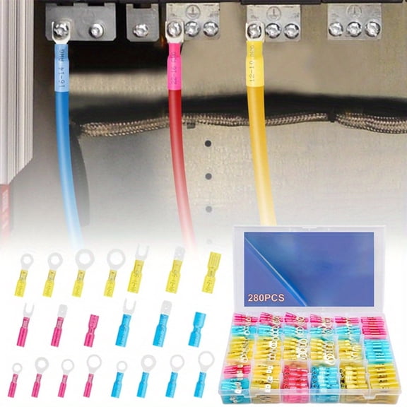 280PCS Marine Grade Heat Shrink Wire Connectors-Electrical Connectors Kit of Tinned Red Copper,Crimp Insulated Ring Fork Spade Butt Splice