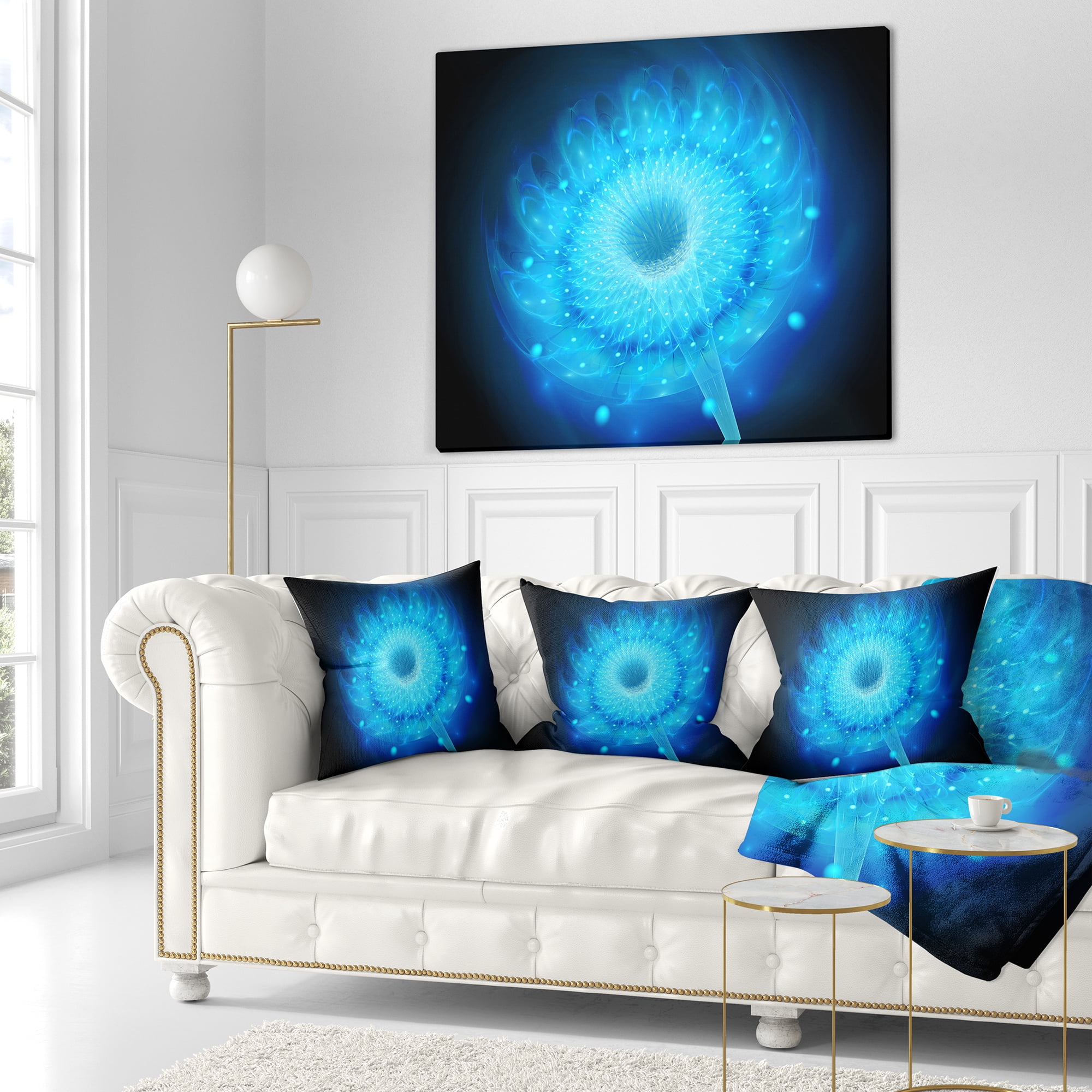 Designart Glowing Blue Fractal Flower on Black - Floral Throw Pillow - 18x18