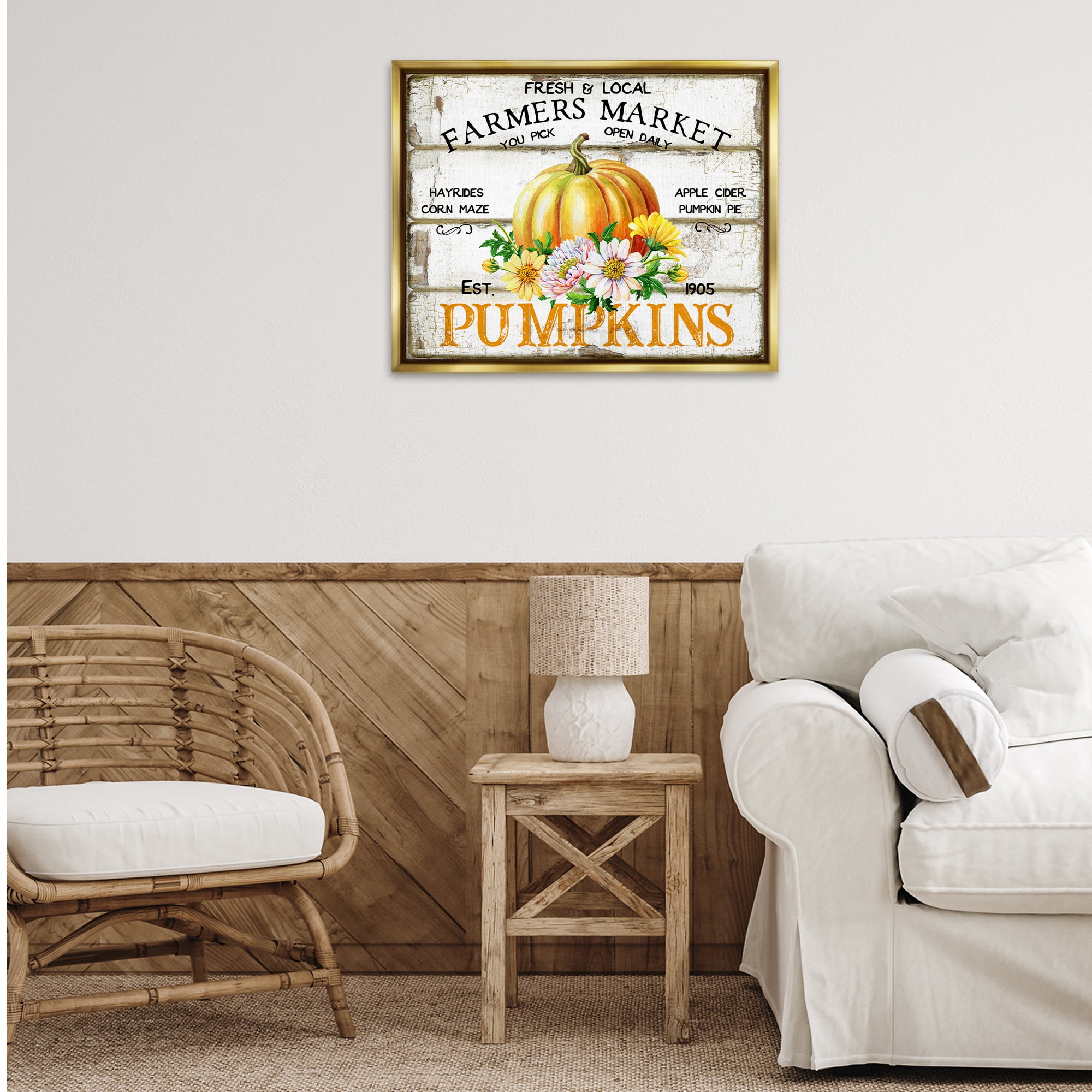 Stupell Industries Rustic & Floral Farm Market Holiday Painting Gold Floater Framed Canvas Art Prints Wall Art, 31 x 25