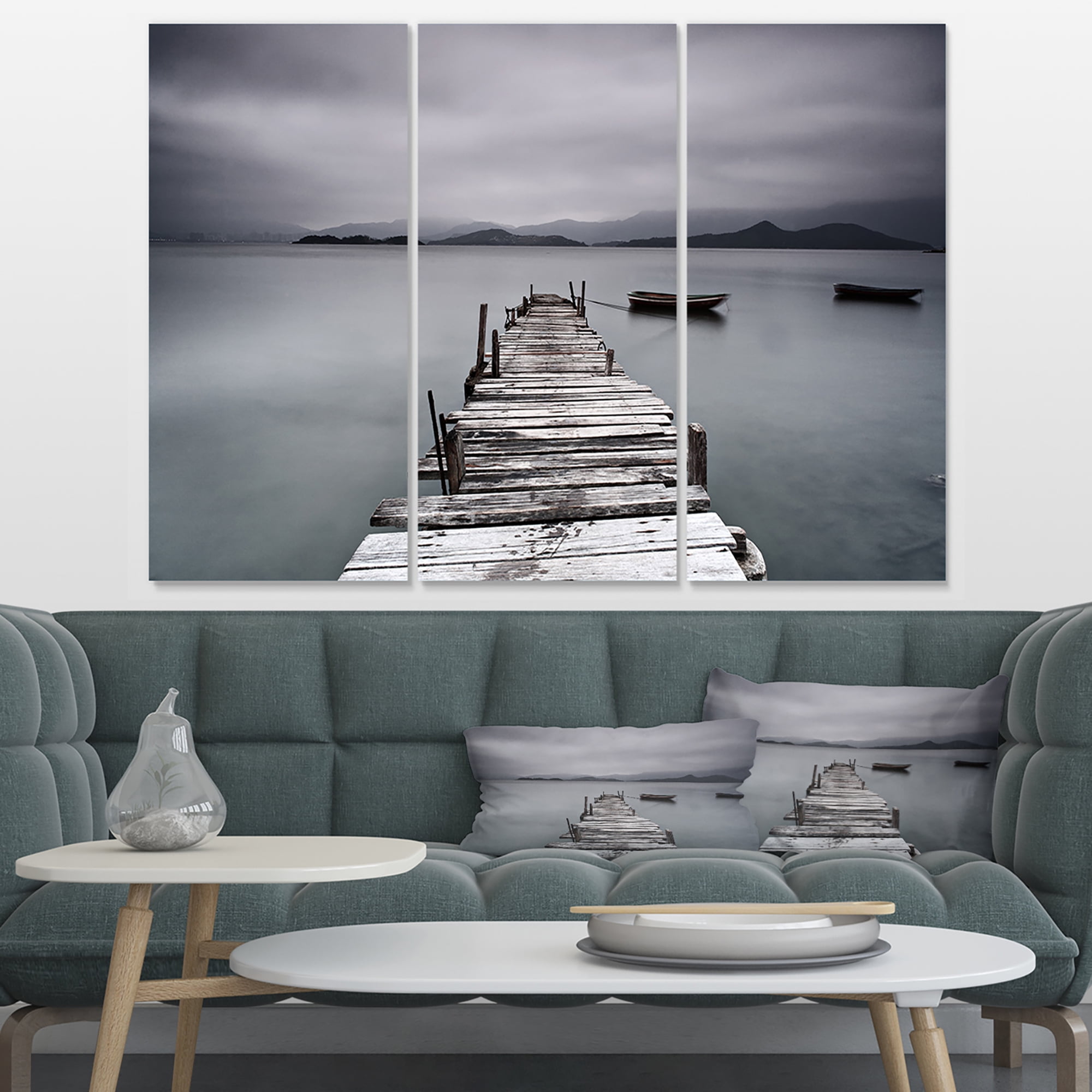 Designart 'Pier and Boats at Seashore ' Bridge Canvas Art Print