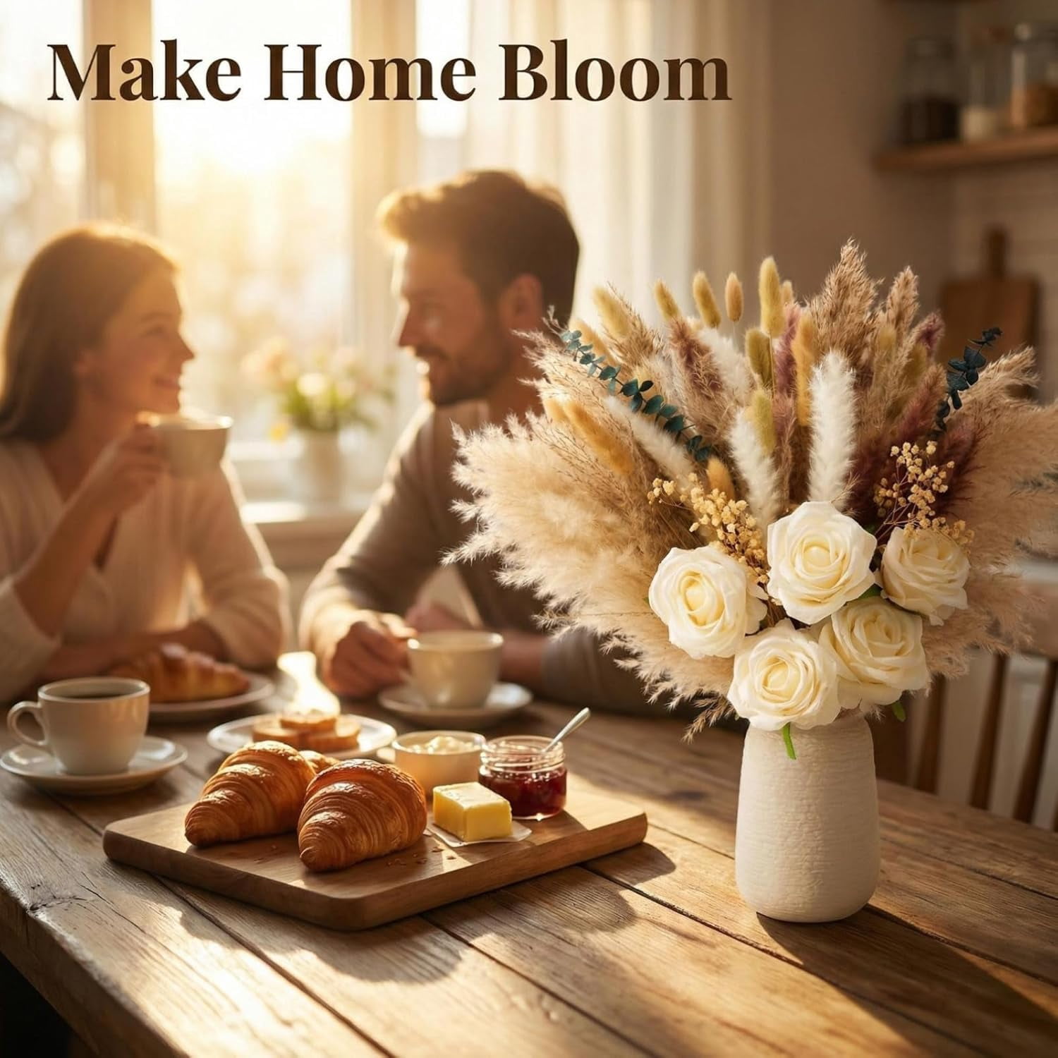 Artificial Flowers Arrangement with Vase, Fake Flowers Silk Roses, Coffee Table Decorations, Boho Dried Pampas Grass, Dining Table Decor, Floral Centerpieces for Tables, Centro de Mesa