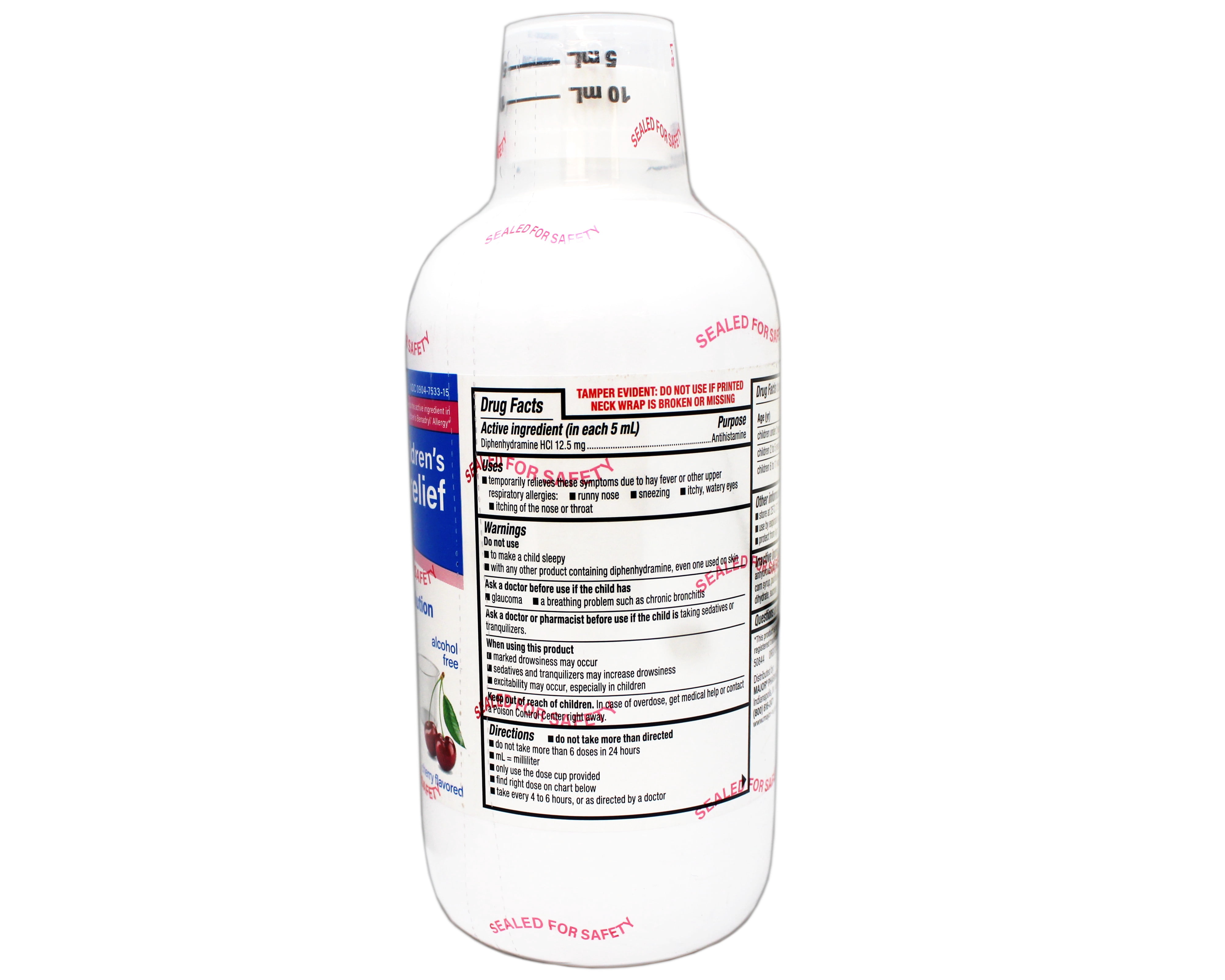 Major Children's Allergy Relief Diphenhydramine HCI 12.5mg/5 mL Oral Solution, Cherry Flavored, 16 FL OZ - 6 Pack