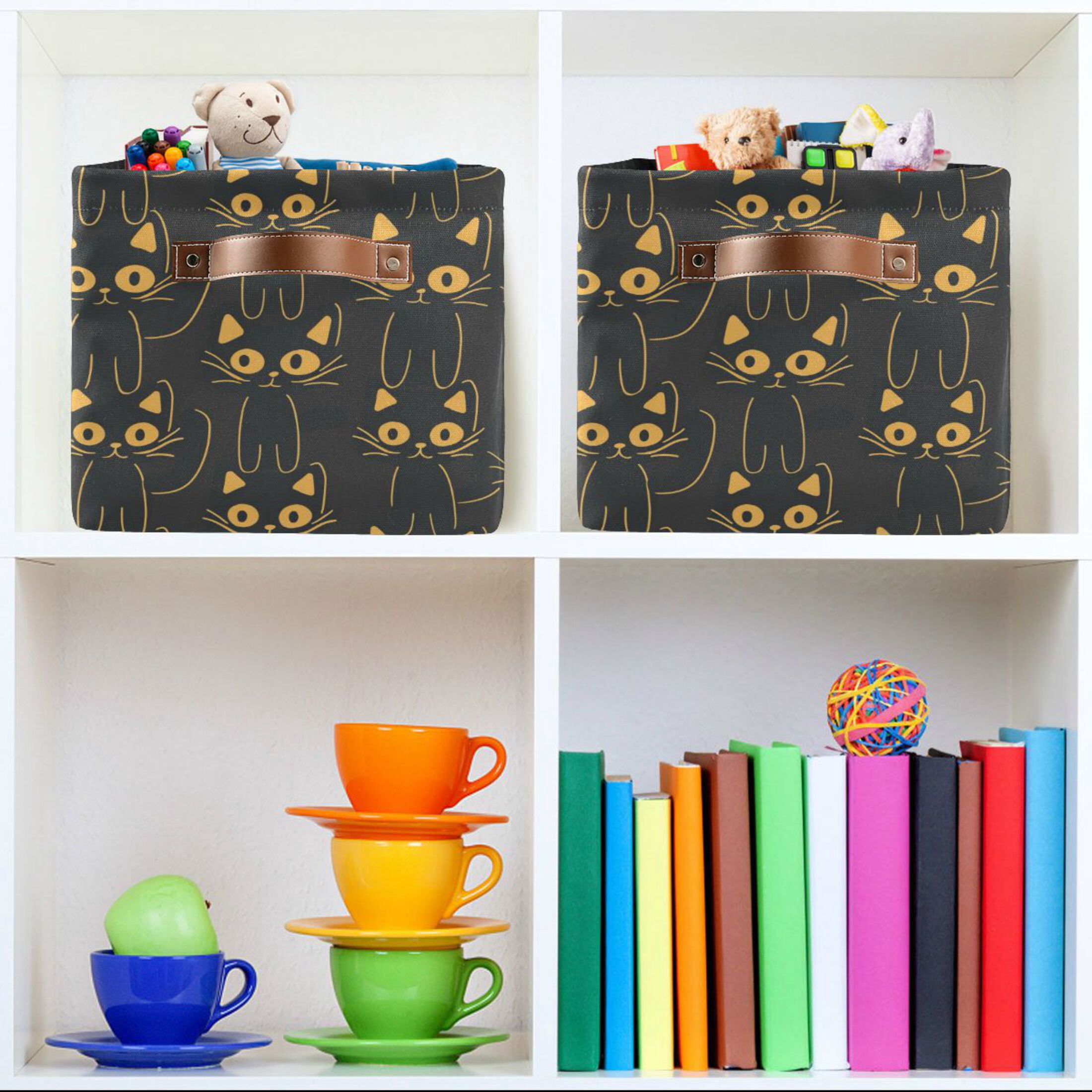 Black Cats Lines Storage Bins with Handle Fabric Organizer Basket Foldable Box 2 Pack 14.2x10.2x8.3