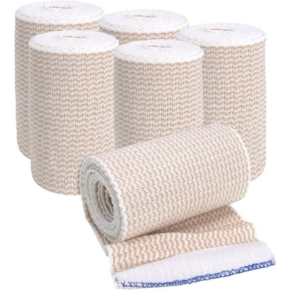 Elastic Bandage Wrap, 4 in x 15 ft Stretch, Hook & Loop Reusable Body Compression Bandage Wrap for Wrists, Elbow, Knees, Ankles & Feet (6)