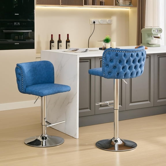 Leather Swivel Bar Stool Adjustable Counter Height Barstools Set of 2, Modern Upholstered Pu Bar Chair with Back Tufted & Nailhead Sliver Chrome Base, for Home Pub and Kitchen Island, Blue