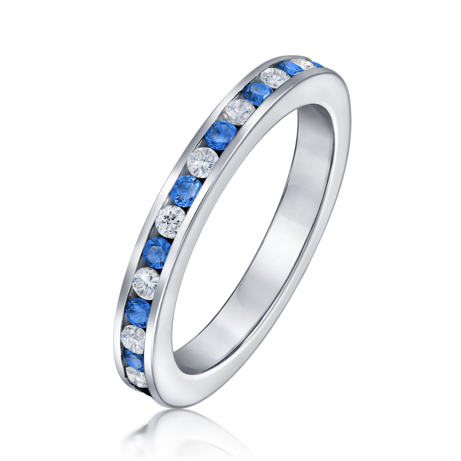 3mm Solid 925 Sterling Silver Blue Simulated Sapphire Eternity Circle Fashion or Engagement Ring
