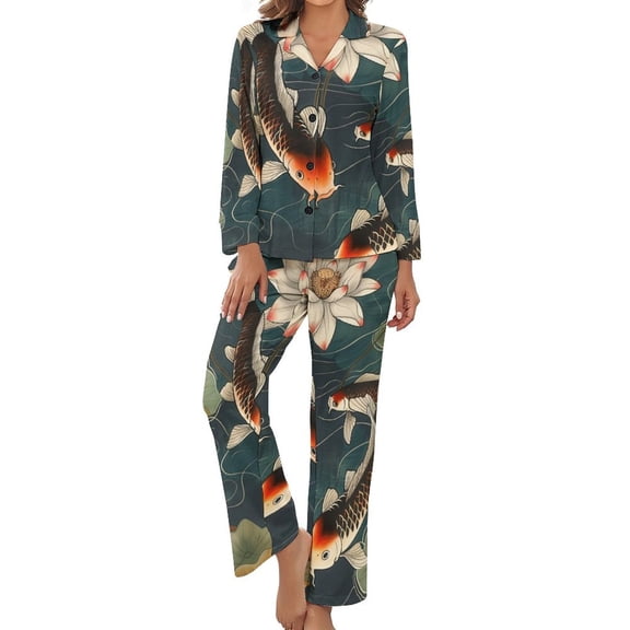 PoBuds Women's Long Sleeve Flannel Pajama Set Sleepwear Koi Fish Vintage Lotus S