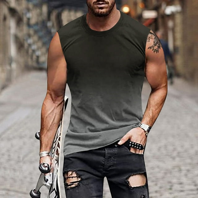 DPTALR Débardeur Sans Manches Dégradé pour Homme, Coupe Régulière, Imprimé Non Positionné, Chandail à Col Rond, T-shirt Sans Manches, Débardeur de Sport Décontracté