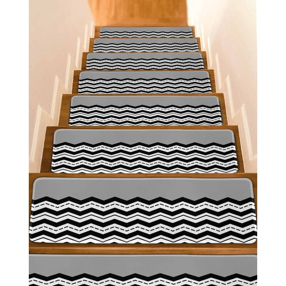 Black Ripple Stair Treads Non Slip for Steps Black Striped Simple 7 Pcs Reusable Adhesive Stair Runner Mats for Dogs Elders Carpet Treads Rugs for Staircase 8x30 In