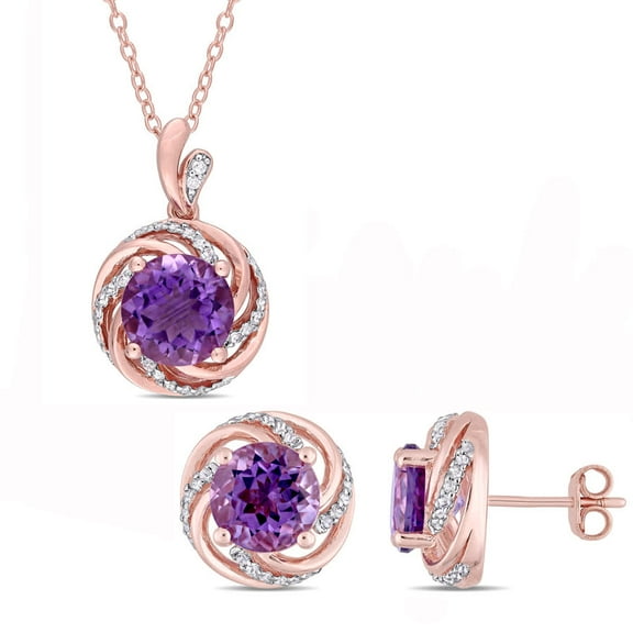 AMOUR 4 7/8 CT TGW Amethyst White Topaz and Diamond Accent Swirl Halo Necklace and Stud Earrings Set In Rose Plated