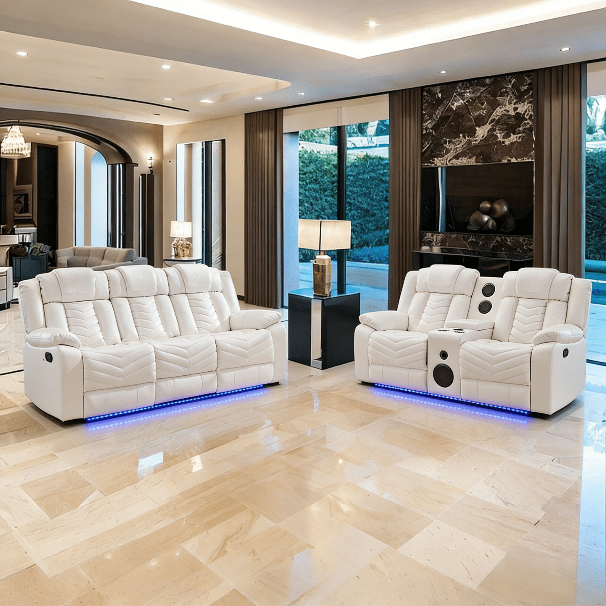 Gewnee 2-Piece Power Reclining Sofa Set, High-Quality Technical Leather with LED Strip & Wireless Charger, Living Room Furniture, White