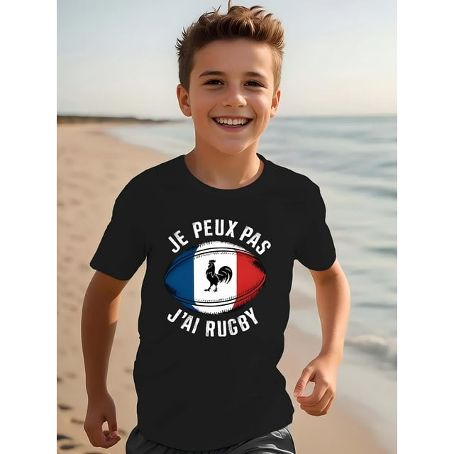 Rugby T-shirt - Boys' French Rugby Graphic T-Shirt - Light Yellow Casual Short Sleeve Tee with "Je Peux Pas J'ai Rugby" Print, Breathable Spring/Summer Top for Beach & Sports, Rugby Shi