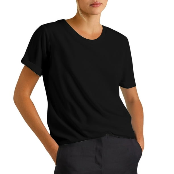 Camiseta informal de mujer de color liso con cuello redondo y manga corta: camiseta versátil para el día a día, tejido suave y transpirable, fácil de combinar