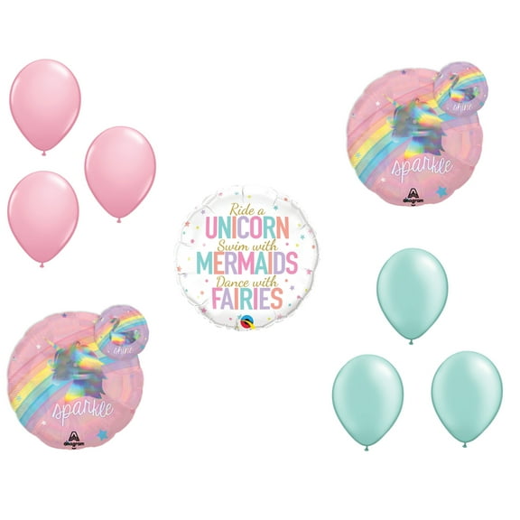 LOONBALLOON Unicorn Theme Balloon Set, 2x iridescent Magical Rainbow Unicorn Hologrpahic Balloon, Unicorn Mermaids Fairies Balloon and 6x latex balloons