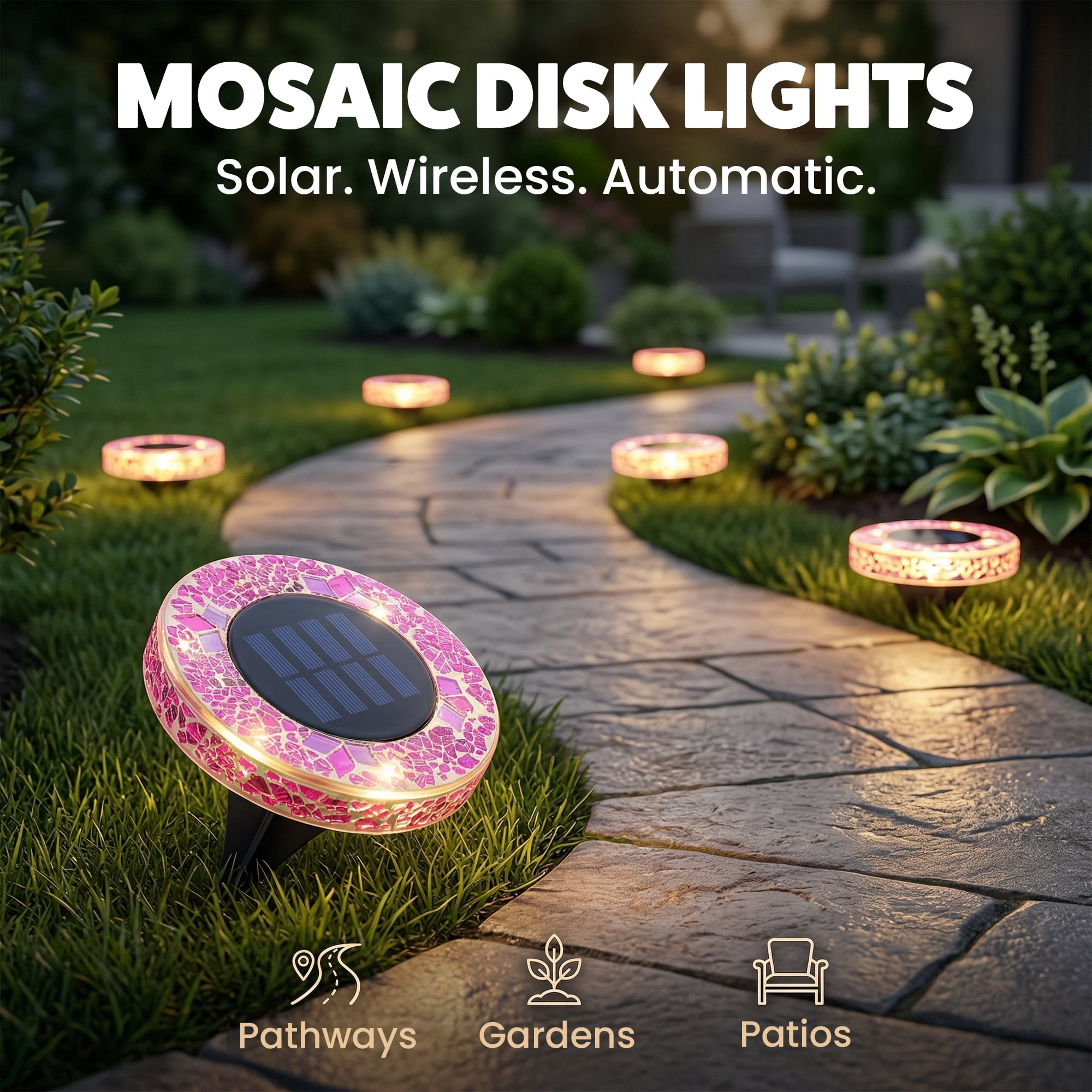 Bell+Howell Solar Outdoor Mosaic Disk Lights, 4 Pack Ultra-Premium Glass Decorative Pathway, Solar Outdoor Waterproof Disk, LED Pathway, Auto On/Off Lights - Radiant Pink