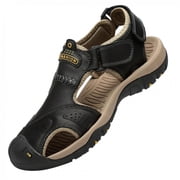 Mens Leather Sandals YODETEY Outdoor Men's Leather Shoes Non-Slip Anti-Kick and Anti-Collision Beach Sandals Black 10(43)