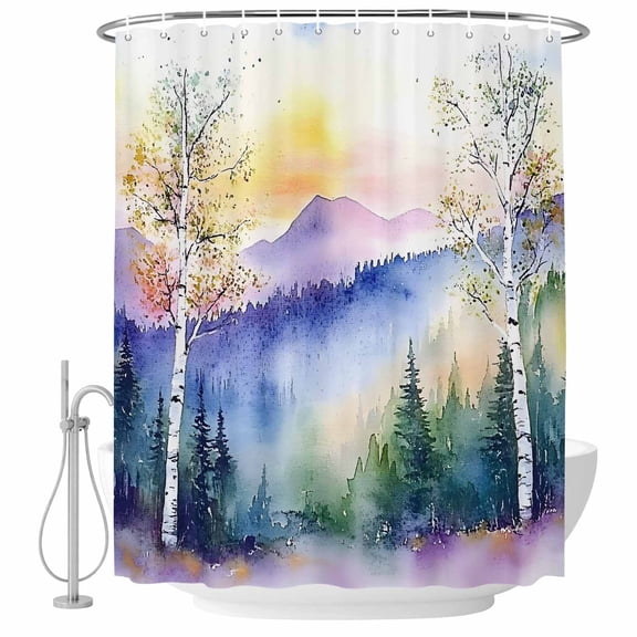 Watercolors Tree Mountain Fabric Shower Curtain Purple Green Washable Shower Curtains for Bathroom, Waterproof Bath Curtain with Hooks Home Decor 72x84in