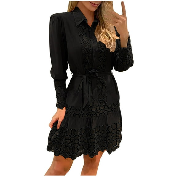 Elainilye Fashion Womens Dress Plus Size V-Neck Summer Solid Long Sleeve Lace Patchwork Mini Dress with Belt,Black