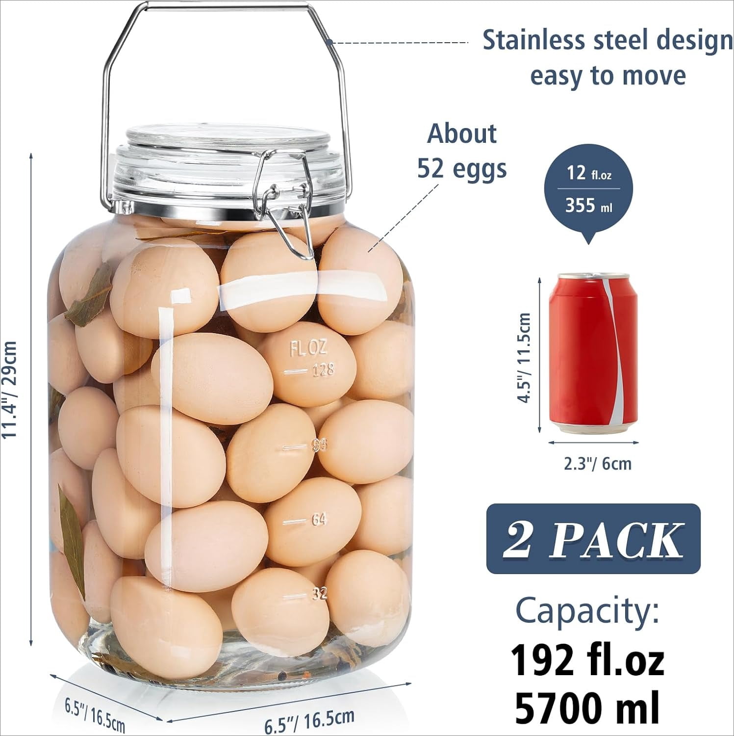 2 Pack 1.5 Gallon Glass Jar with Airtight Lid, 192 oz Square Wide Mouth Mason Jars with Stainless Steel Handle, Large Glass Storage Containers for Canning, Flour, Sugar, Rice, Pickled Eggs