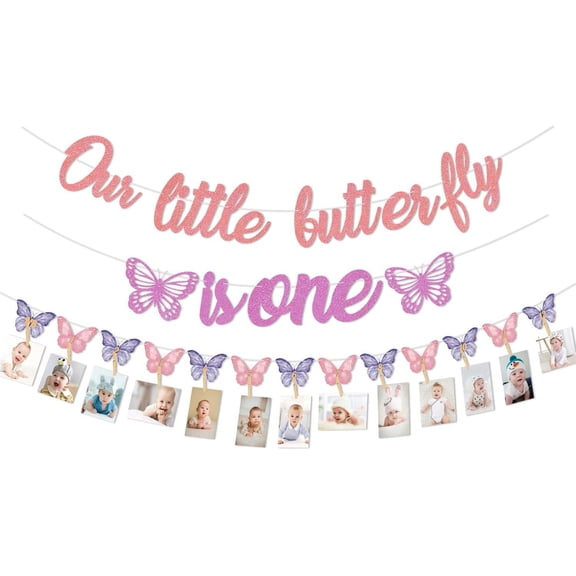Little Butterfly 1st Bday Girl Banner, Pink Purple First Birthday Decorations for Girls Party Supplies