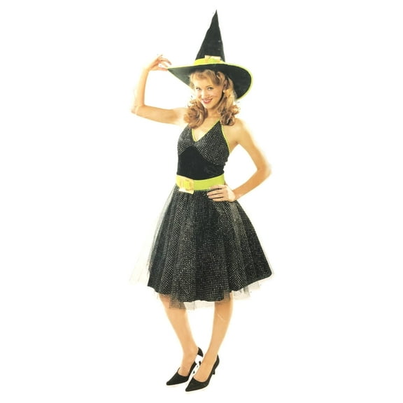 Womens Black Bedazzling Witch Costume 50s Style Dress & Hat One Size Fits Most