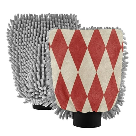 Microfiber Car Wash Gloves With Chenille & Polyester Terry Scratch-Free Cleaning Elastic Cuffs Red&white Harlequin Pattern