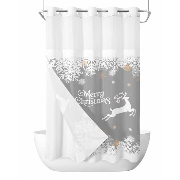 No Hook Shower Curtain with Snap in Liner,Christmas Deer Snowflake Waterproof Bath Curtain Double Layers with See Through Top Window, Gray White Theme Hotel Shower Curtains 36x72in