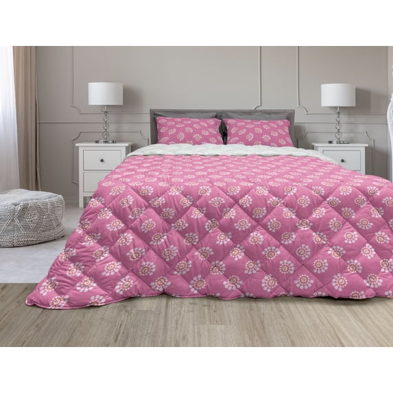 Floral Comforter & Sham Bedding Set, Pastel Geometric Flower Petals Circles Shaped Buds Blooms Garden Art, 3 pcs Duvet Set Microfiber Filling Quilt, 5 Sizes, Pale Pink and Orange, by Ambesonne