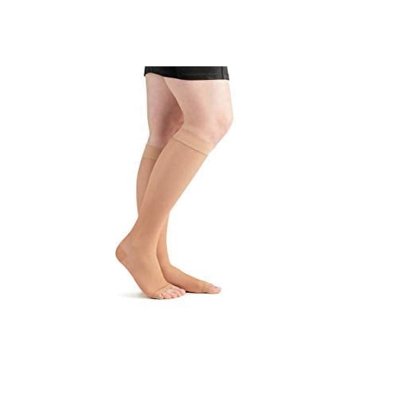 Actifi Women’s Sheer Open Toe Knee High Compression Stockings 20-30 mmHg | Firm compression supports tired heavy legs during travel with a soft non-binding band and shaped heel for a secure fit