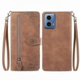 thumbnail image 2 of ELEHOLD Luxury Folio Wallet Case for Motorola Moto G Play 4G 2024, Embossed Flower Pattern 7 Card Slots Zipper Pocket Wrist Strap Kickstand Case Cover for Moto G Play 4G 2024, Brown, 2 of 7