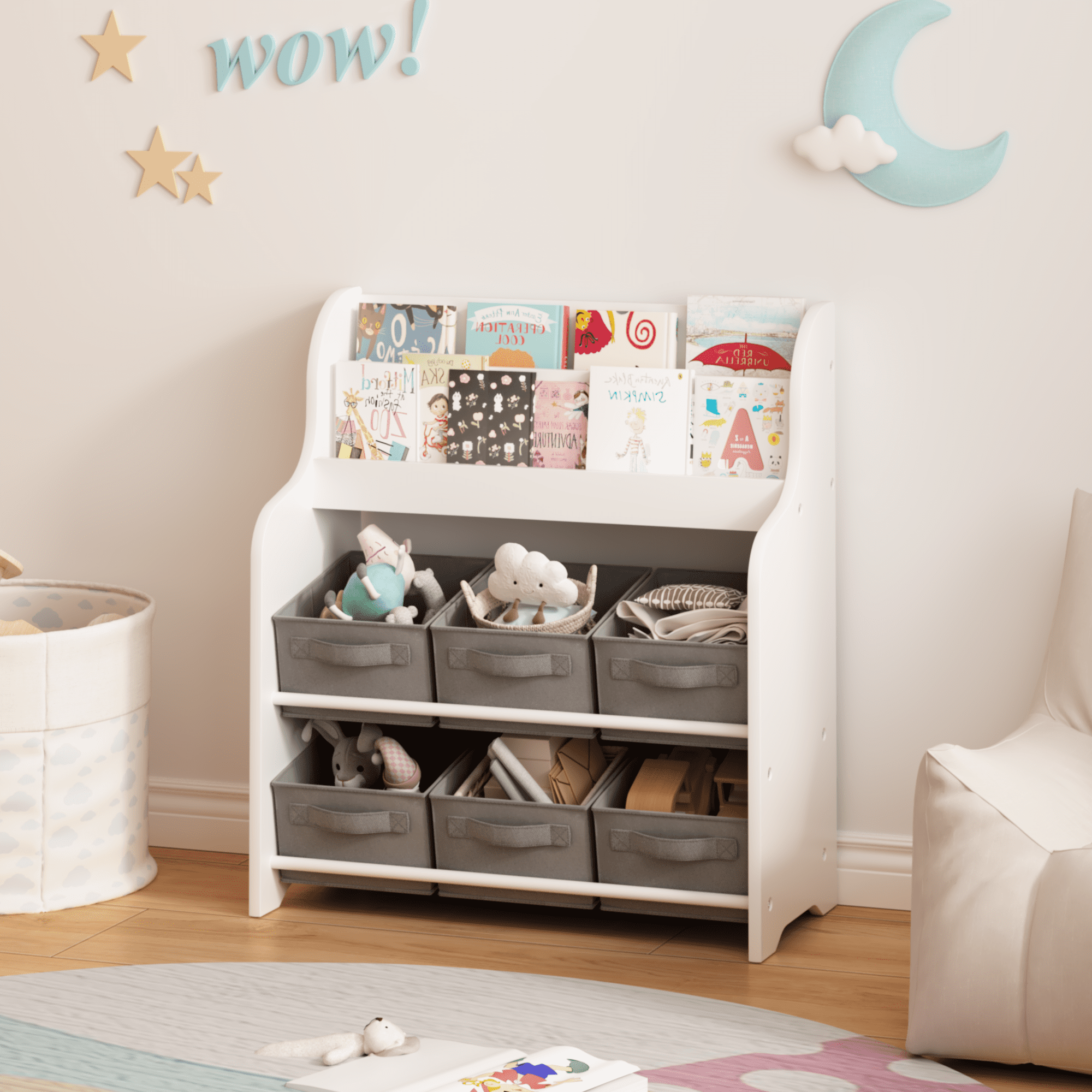 Kids Bookshelf with 6 Fabric Storage Bins, Multi-Functional Children's Bookcase and Toy Organizer, Front-Facing Display Shelf for Playroom, Bedroom or Nursery