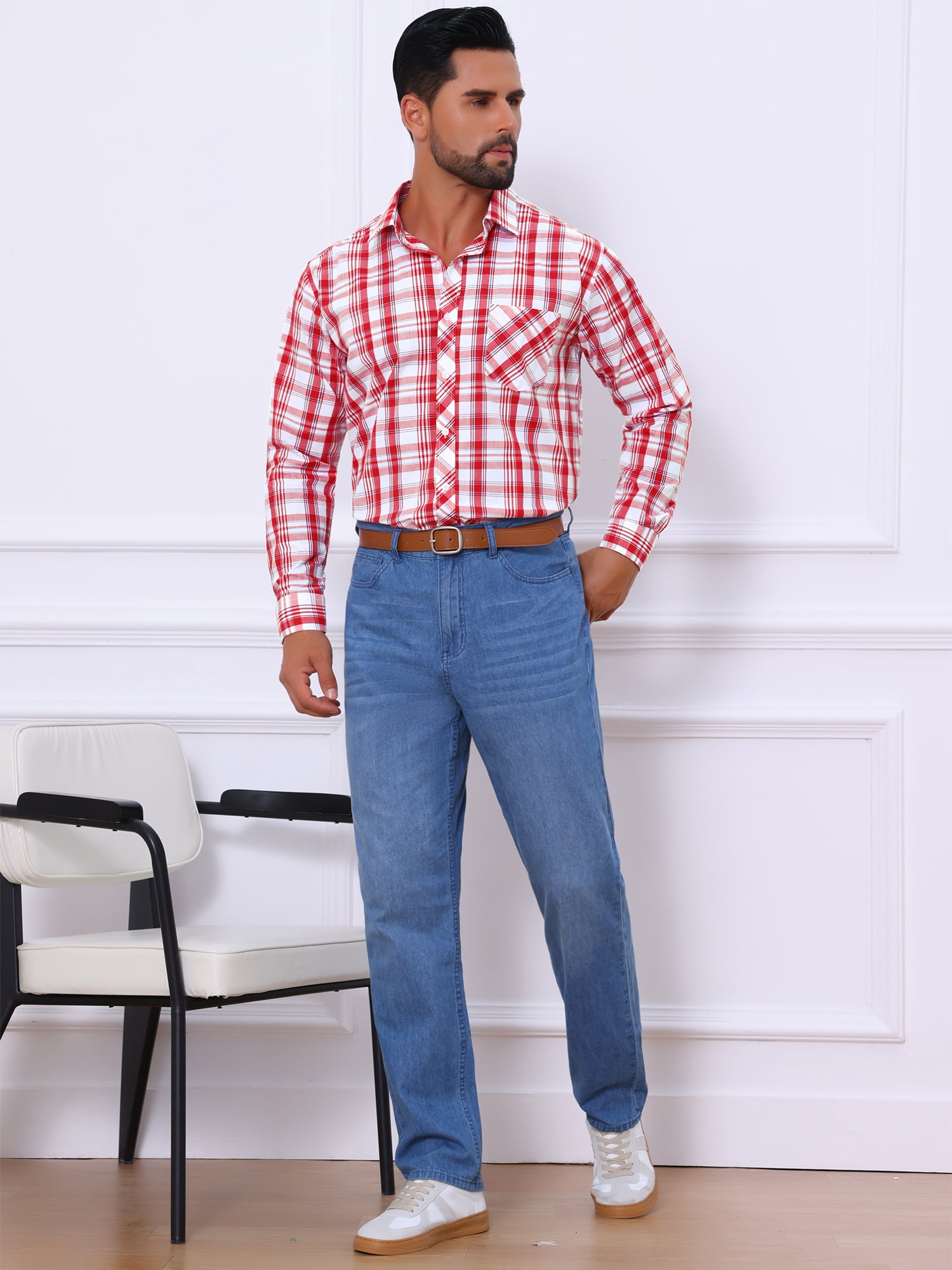 DARING DIVA Men's Long Sleeve Checked Shirt Point Collar Button Plaid Shirt L Red White