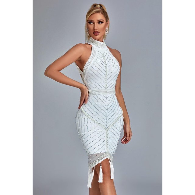 Vestido midi blanco con flecos de perlas de Dress Thaliy para mujer