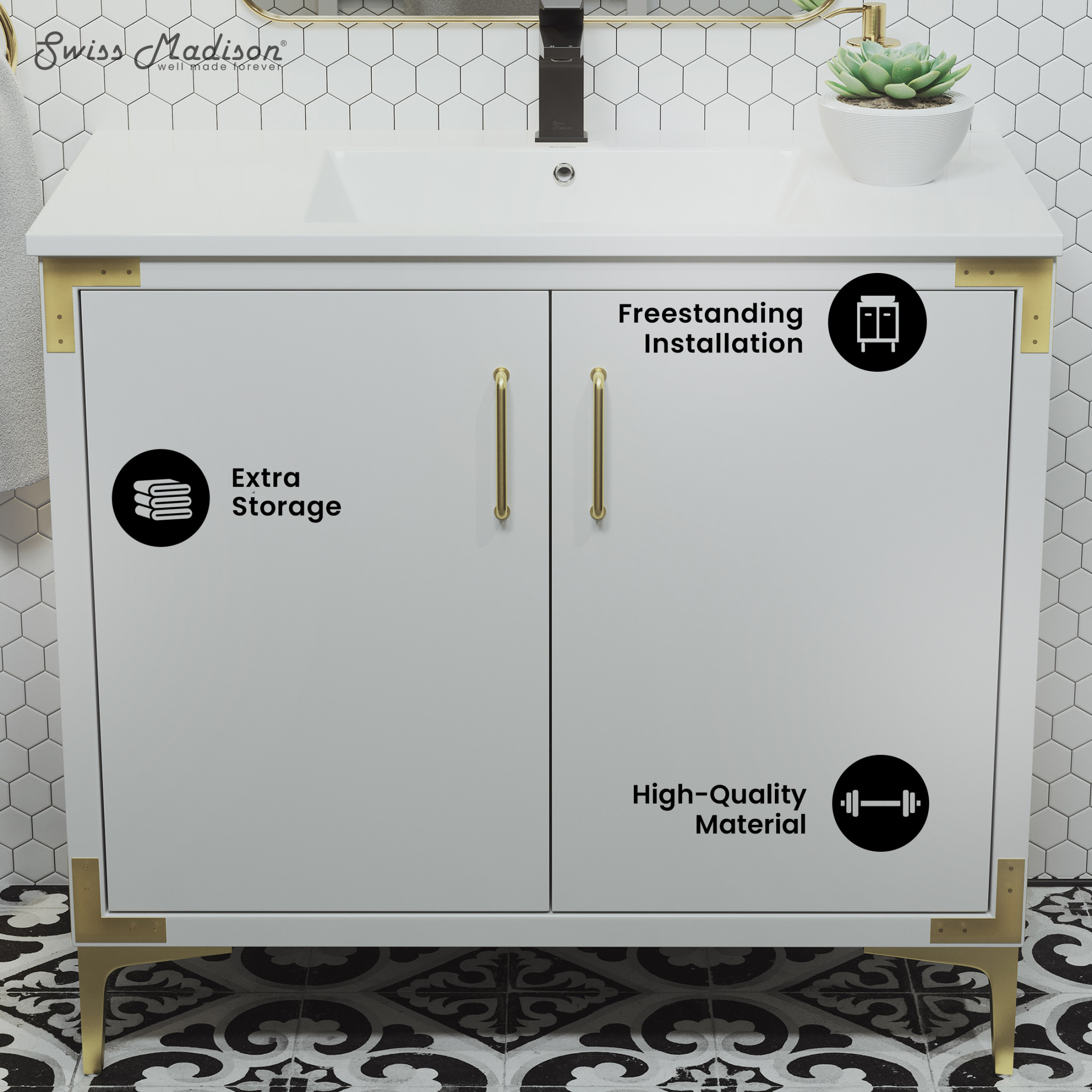 Voltaire 36" Freestanding Bathroom Vanity in White with Sink Top
