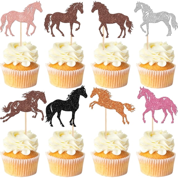 10pcs Horse Cupcake Toppers - Animal Cake Decoration for Horse Racing, Equestrian Themed Birthday & Baby Shower Parties
