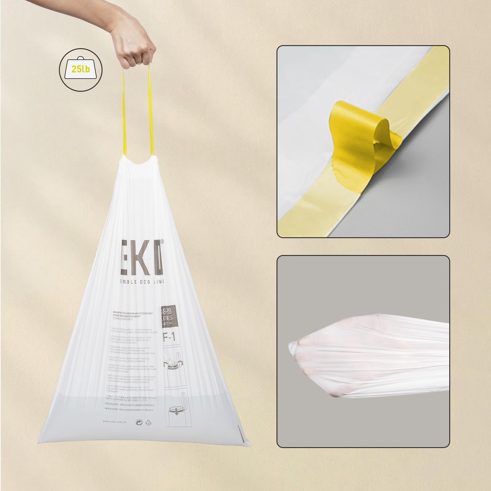 Eko 8 Gallon / 30.3 Liter  60 Count Drawstring Trash Bags Extra-strong Unscented Garbage Easy-dispense Roll For Kitchen & Household Use Resists Tears Leaks And Punctures Code F-1 White