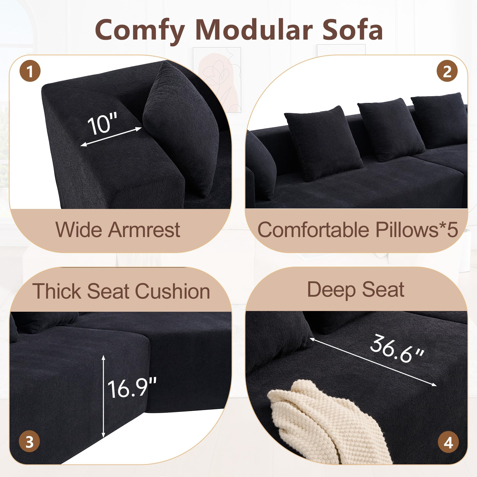 Aukfa 130" Oversized Modular Sectional Sofa Boneless Sofa with Chiase, 5 Pillows, Chenille, Black