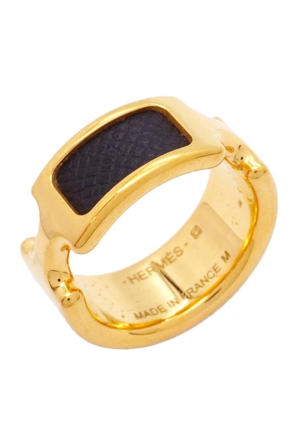 Pre-Owned Hermes Olympe PM Ring, GP Plated Leather, Gold and Black, Size 14 (Women's)