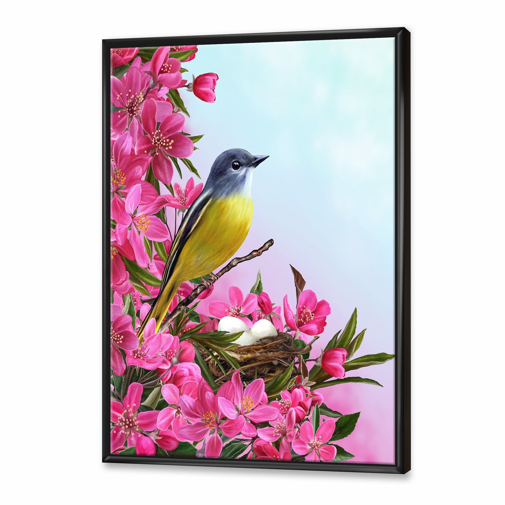 Designart 'Little Yellow Bird Near The Nest with Pink Flowers' Traditional Framed Canvas Wall Art Print