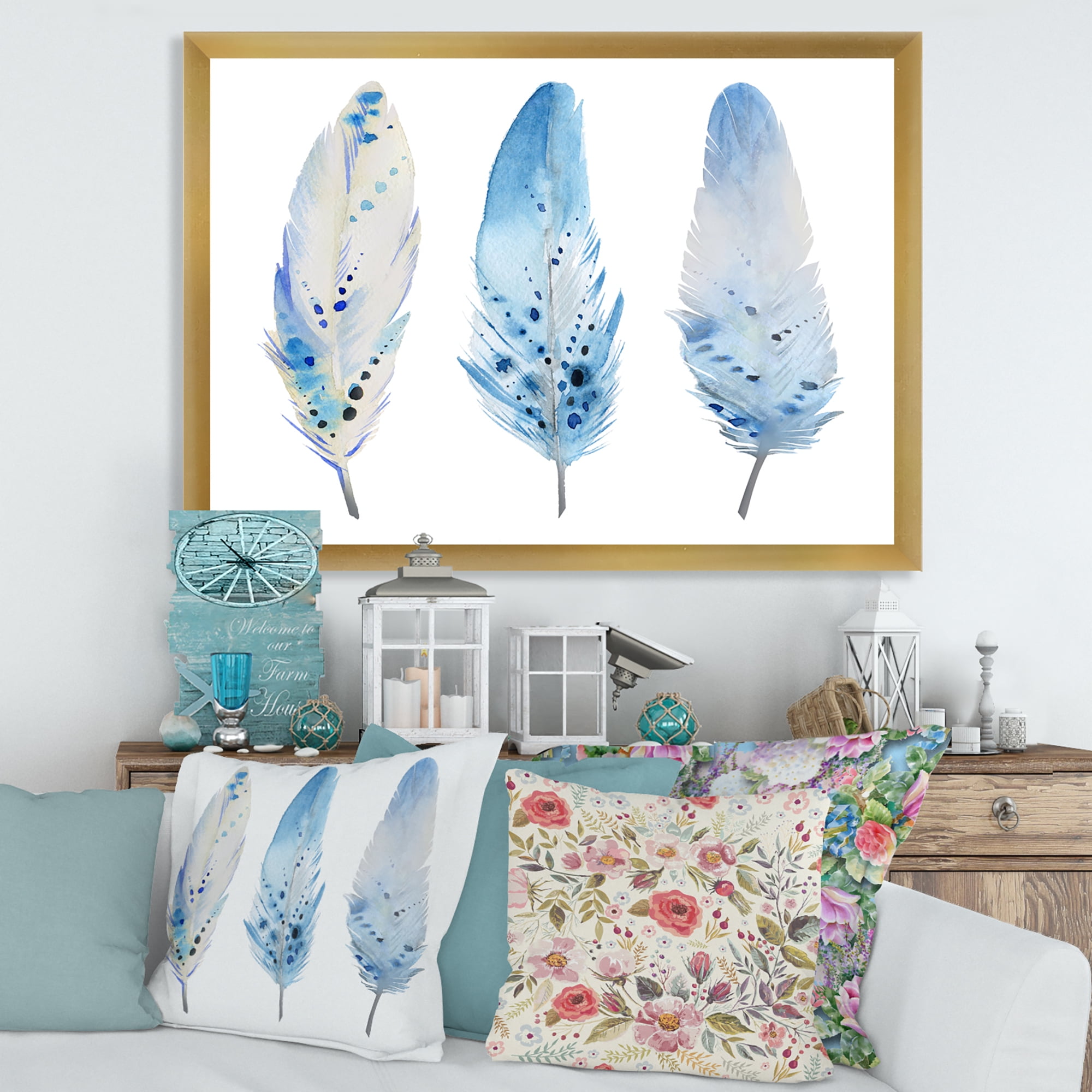 Designart 'Abstract Blue Boho Feathers II' Lake House Framed Art Print