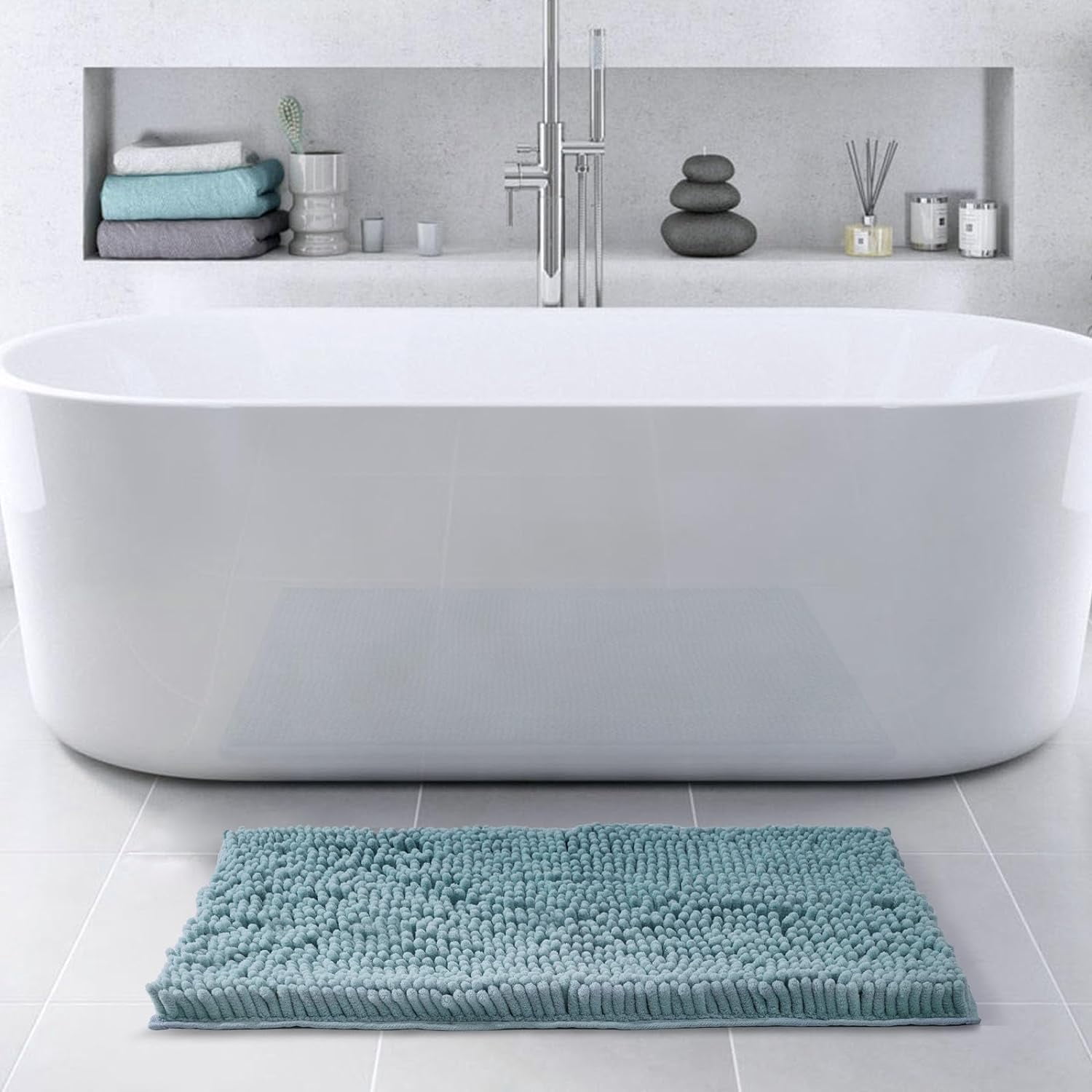 FRESHMINT Chenille Bathroom Rugs Mat 32'' x 20'' Non-Slip Bath Mat for Bathroom Floor & Bathtub, Washable Soft Shower Shag Bath Rugs, Durable Fluffy Thick Water Absorbent Microfiber Shower Mat, Blue