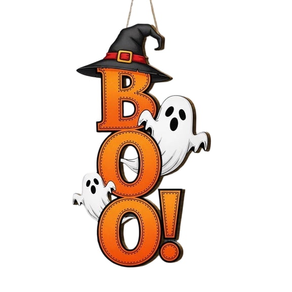 OIUR Halloween Boo Ghost Sign, Wooden Door Hanger Sign, Cute Ghost Witch Hat Boo Hanging Sign for Front Door Wall Decor