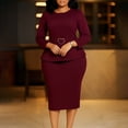 thumbnail image 2 of AURA Plus Size Elegant Round Neck Pencil Midi Dress Nine Sleeve High Waist Office African Work Dress with Belt, 2 of 10